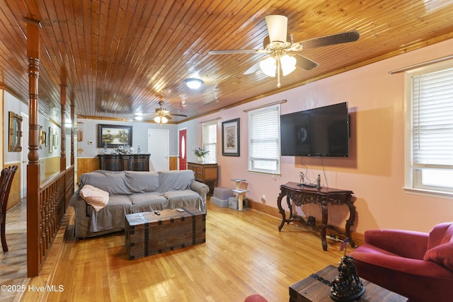 living room with ceiling fan, light hardwood / wood-style flooring, and wood ceiling