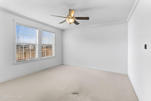 carpeted spare room featuring crown molding, ceiling fan, and a textured ceiling