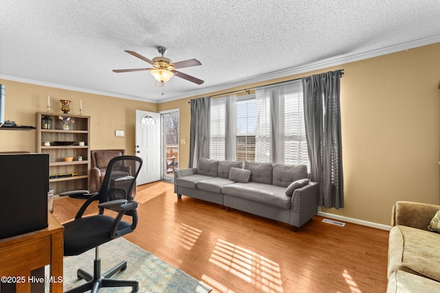 home office with ornamental molding, light hardwood / wood-style flooring, and a textured ceiling