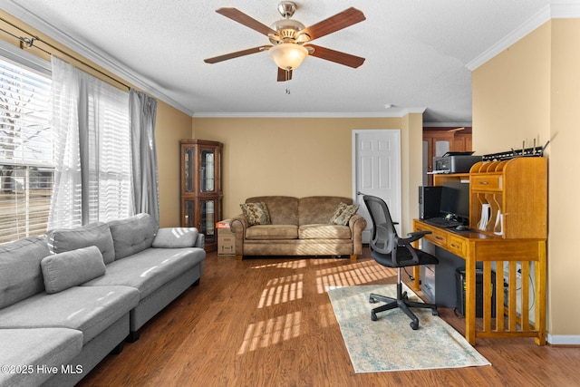 office area with crown molding, dark hardwood / wood-style floors, ceiling fan, and a textured ceiling