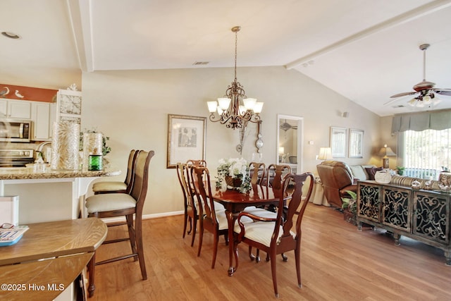 dining space with lofted ceiling with beams, sink, ceiling fan with notable chandelier, and light hardwood / wood-style flooring