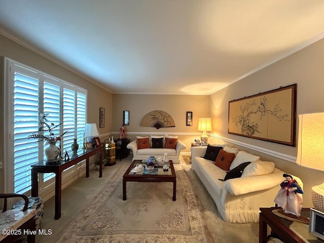 living room with ornamental molding and carpet