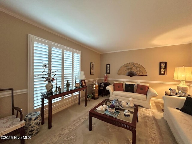 living room with light carpet and ornamental molding