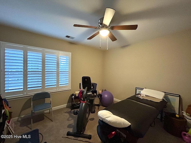 exercise room featuring carpet and ceiling fan