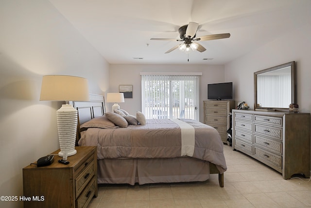 bedroom with access to exterior and ceiling fan