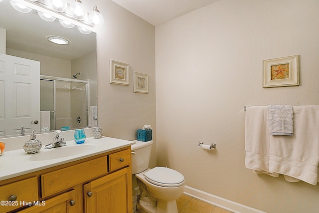 bathroom with tile patterned flooring, toilet, vanity, and walk in shower