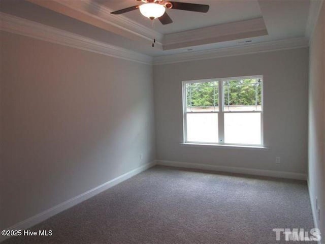 unfurnished room with crown molding, ceiling fan, and a tray ceiling