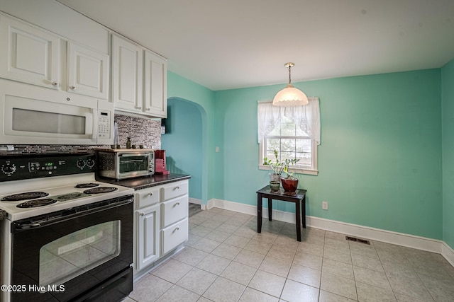 kitchen with white cabinetry, black range with electric stovetop, decorative light fixtures, and backsplash