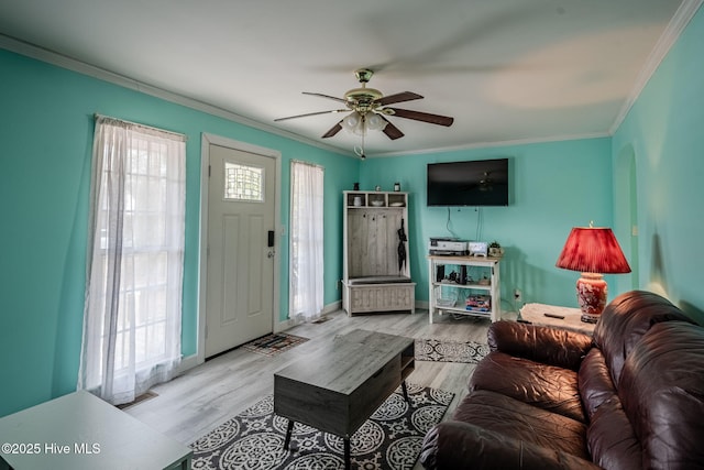 living room featuring ornamental molding, ceiling fan, and light hardwood / wood-style floors