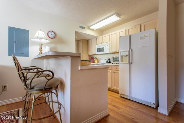 kitchen with white appliances, electric panel, a textured ceiling, kitchen peninsula, and light wood-type flooring