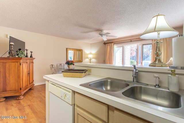 kitchen with sink, a textured ceiling, light wood-type flooring, dishwasher, and ceiling fan