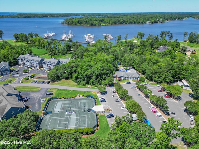 aerial view featuring a water view