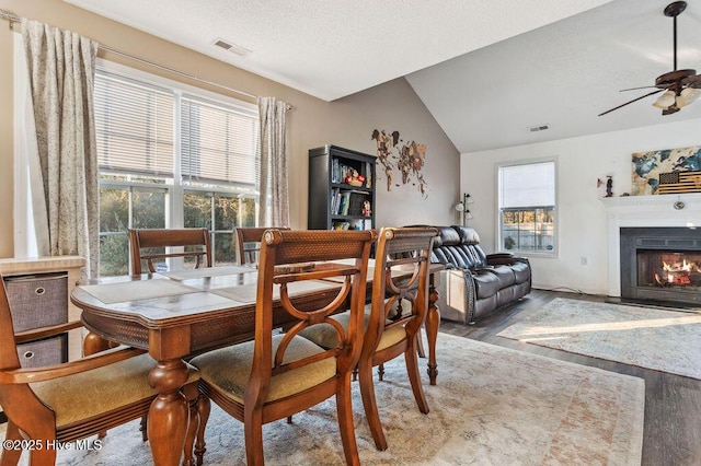 dining room featuring ceiling fan, lofted ceiling, plenty of natural light, and wood-type flooring