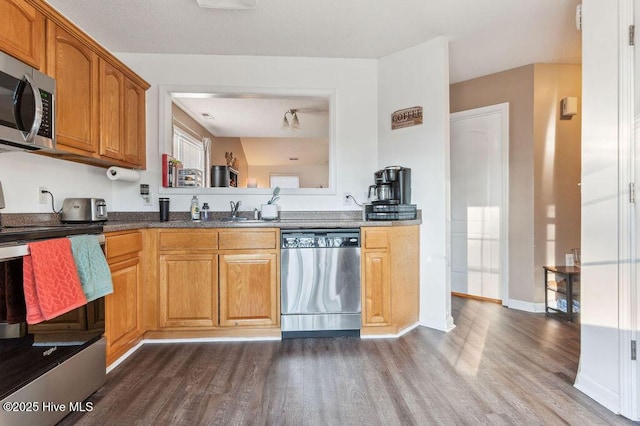 kitchen featuring stainless steel appliances, dark hardwood / wood-style floors, and sink