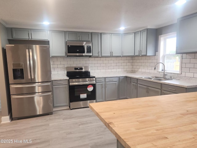 kitchen featuring appliances with stainless steel finishes, sink, decorative backsplash, and butcher block countertops