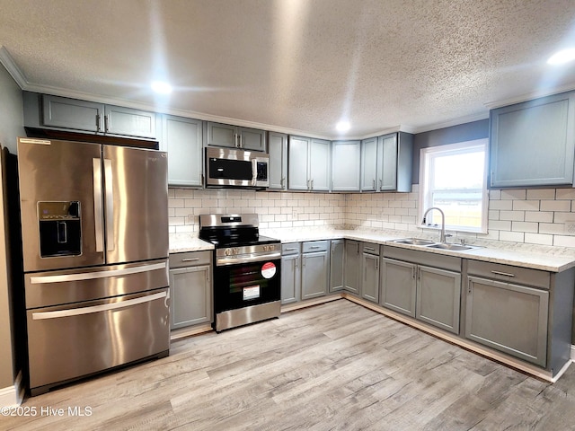 kitchen with appliances with stainless steel finishes, sink, backsplash, a textured ceiling, and light hardwood / wood-style flooring