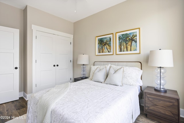 bedroom featuring dark hardwood / wood-style flooring and a closet