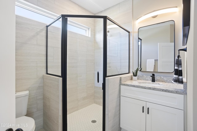 bathroom with vanity, toilet, and a shower with door