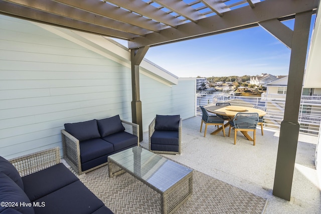 view of patio / terrace featuring a balcony, an outdoor hangout area, and a pergola