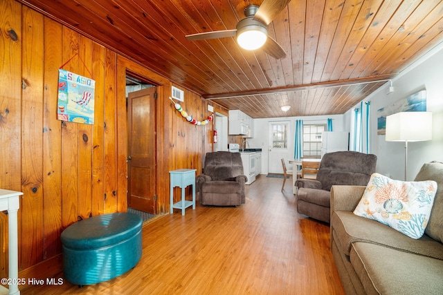 living room with wood ceiling, light hardwood / wood-style flooring, wooden walls, and ceiling fan