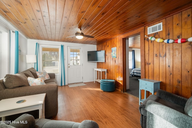 living room with hardwood / wood-style flooring, wood walls, ceiling fan, and wooden ceiling