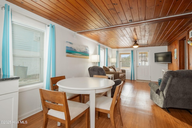 dining room with wood ceiling and light hardwood / wood-style floors