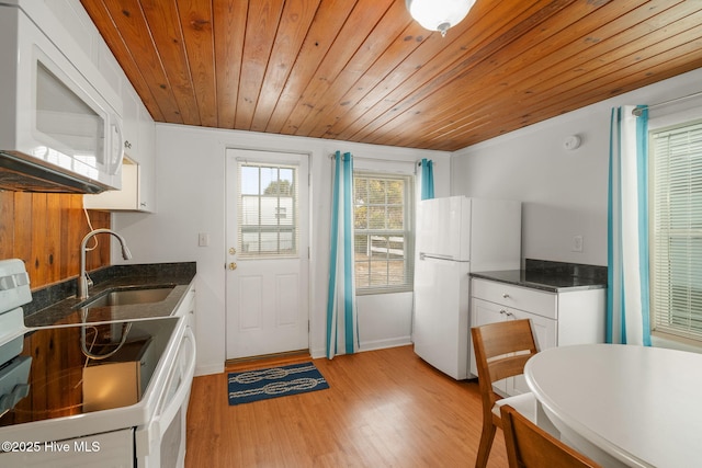 kitchen featuring white cabinetry, wood ceiling, white appliances, and sink