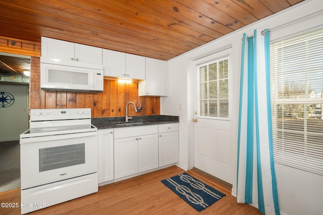 kitchen featuring sink, white cabinetry, wooden ceiling, white appliances, and light hardwood / wood-style floors