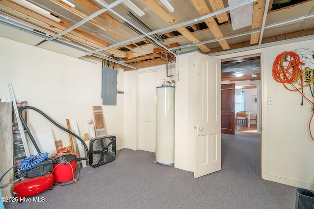 basement featuring gas water heater, electric panel, and dark carpet