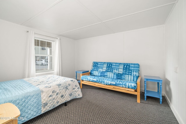 bedroom featuring dark colored carpet