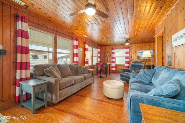 living room featuring wooden ceiling, wooden walls, a wealth of natural light, hardwood / wood-style flooring, and ceiling fan