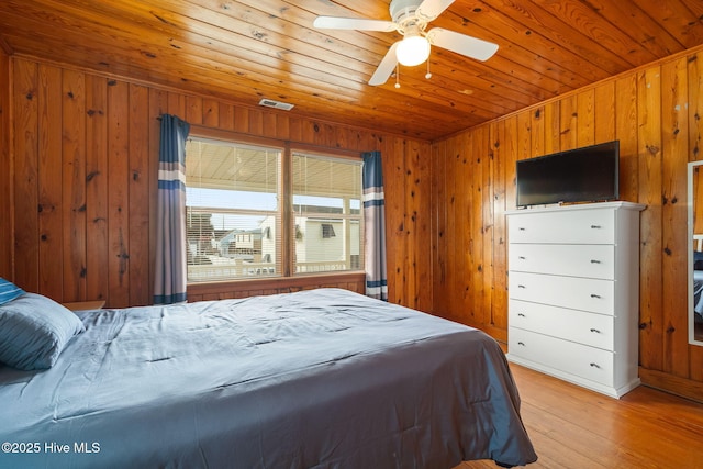 bedroom featuring wooden walls, wooden ceiling, ceiling fan, and light wood-type flooring