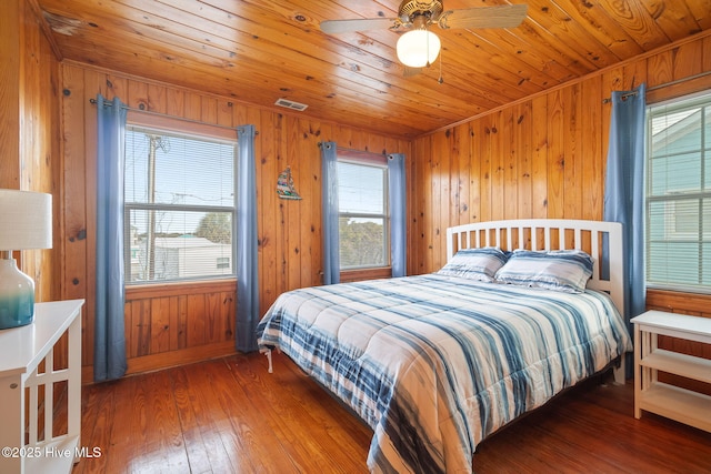 bedroom featuring dark hardwood / wood-style flooring, wooden ceiling, ceiling fan, and wood walls