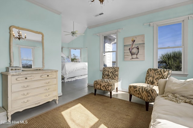 bedroom with vaulted ceiling, concrete floors, and ceiling fan