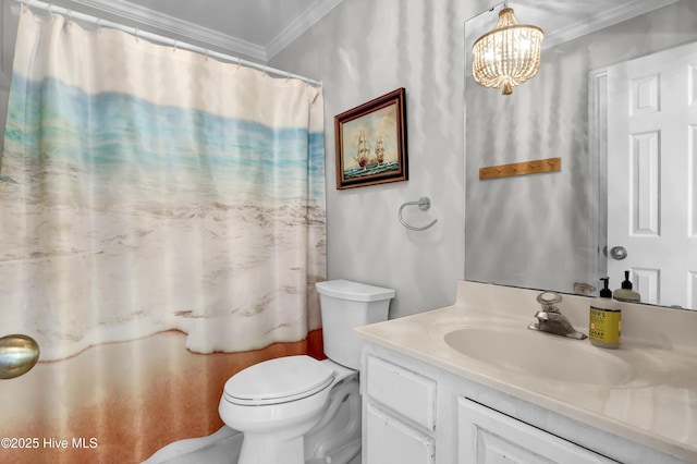 bathroom featuring vanity, a notable chandelier, ornamental molding, curtained shower, and toilet