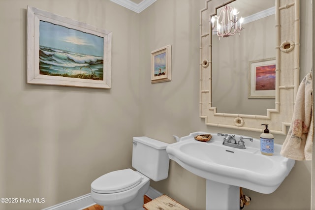 bathroom with sink, crown molding, and toilet