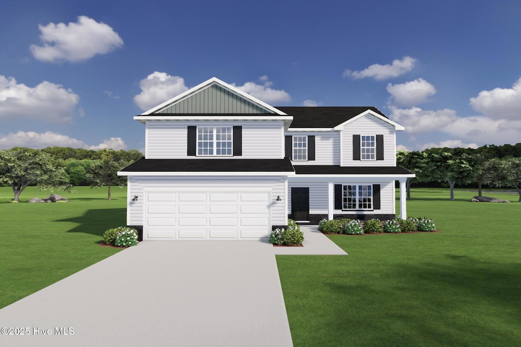 view of front facade with a garage and a front lawn