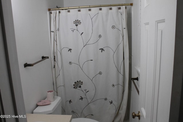 bathroom with vanity, curtained shower, and toilet