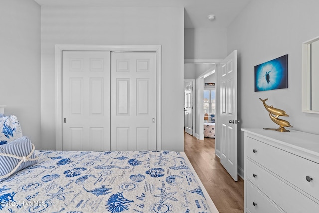 bedroom with light wood-type flooring and a closet