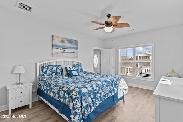 bedroom with ceiling fan and wood-type flooring