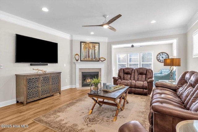 living room featuring ornamental molding, light hardwood / wood-style floors, and ceiling fan