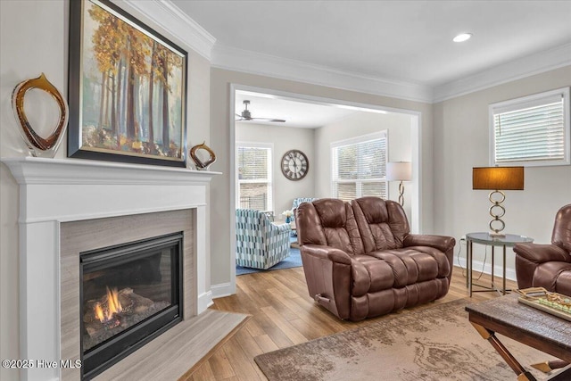 living room with crown molding and light hardwood / wood-style floors