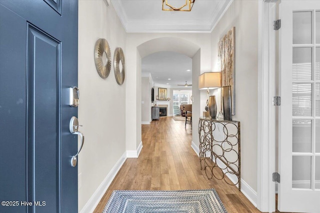 entrance foyer with ornamental molding and wood-type flooring