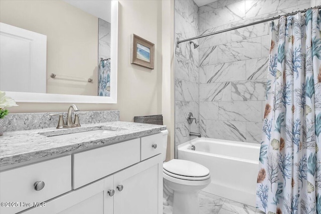 full bathroom featuring vanity, shower / tub combo with curtain, and toilet