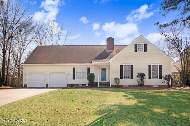 cape cod home featuring a garage, concrete driveway, a chimney, and a front lawn