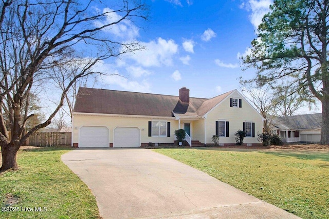 cape cod house with a chimney, concrete driveway, a front yard, fence, and a garage