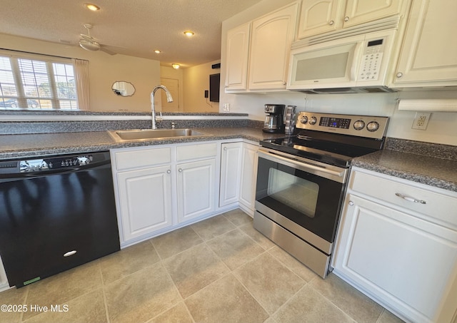 kitchen featuring sink, dishwasher, stainless steel range with electric stovetop, a textured ceiling, and white cabinets