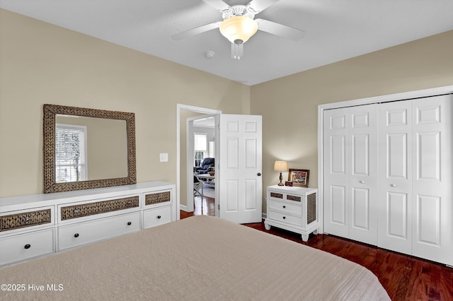 bedroom featuring a closet, dark hardwood / wood-style floors, and ceiling fan