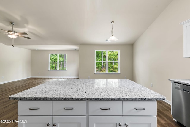 kitchen featuring stainless steel dishwasher, baseboards, open floor plan, dark wood-type flooring, and a ceiling fan