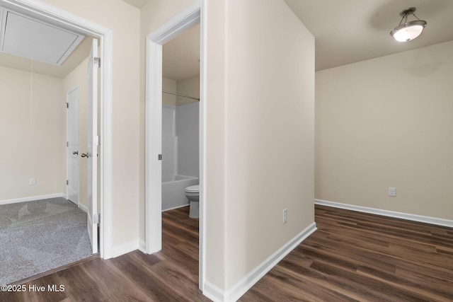 hallway with baseboards, attic access, and dark wood-type flooring